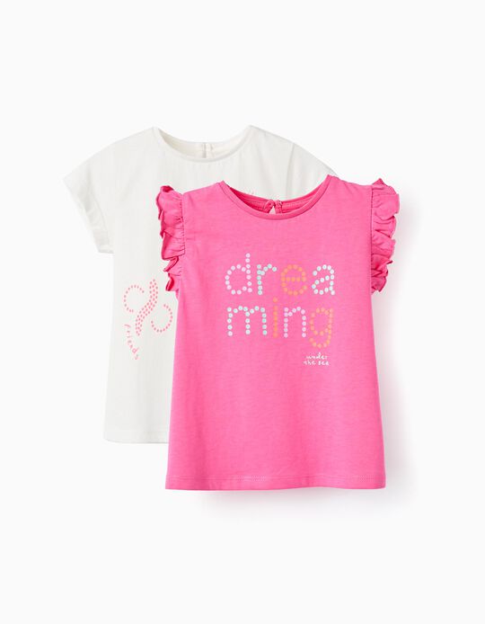 2 Camisetas de Algodón para Bebé Niña 'Dreaming', Blanco/Rosa