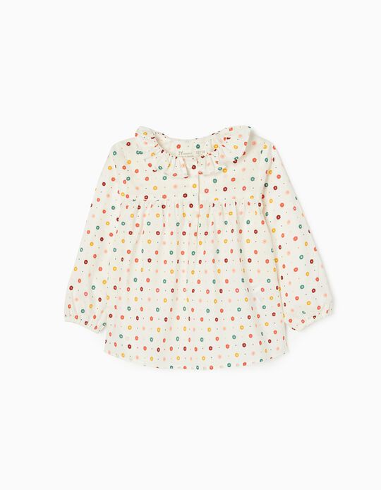 Long Sleeve Floral Cotton Blouse for Baby Girls, White