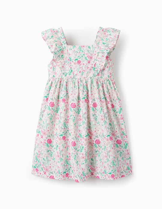 Floral Cotton Dress for Girls, White/Pink