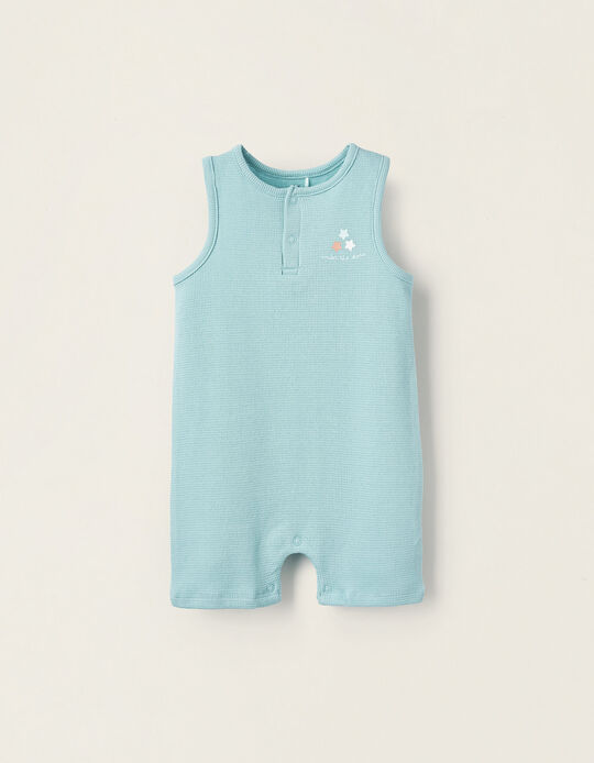 Romper Pyjamas in Pointelle Cotton for Baby Boys, Aqua Green
