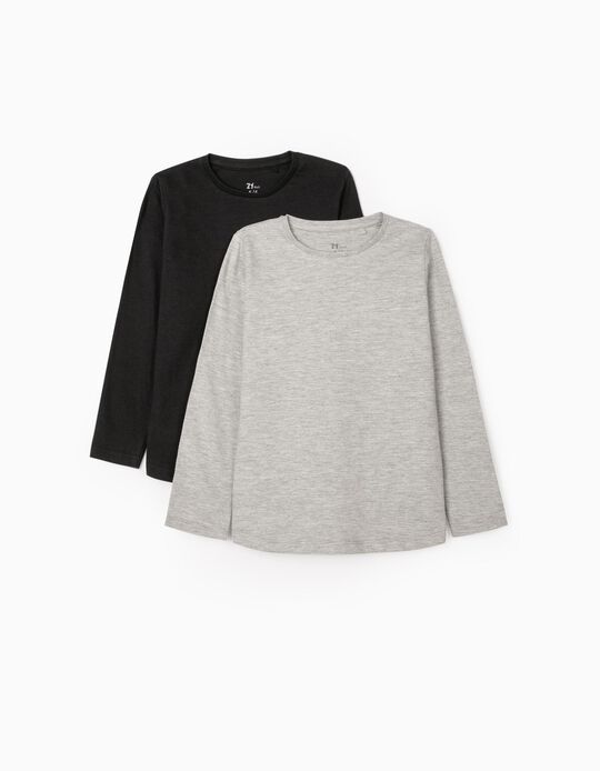 Acheter en ligne 2 T-shirts manches longues fille, noir/gris