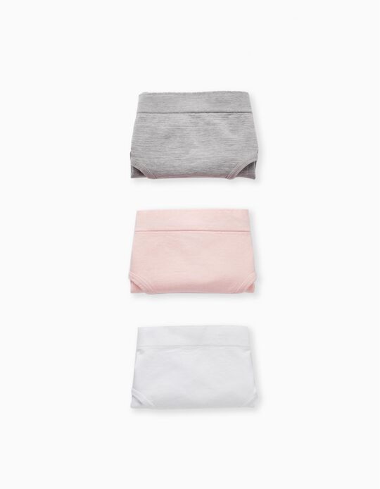 Pack of 3 Briefs for Girls, Grey/Pink/White