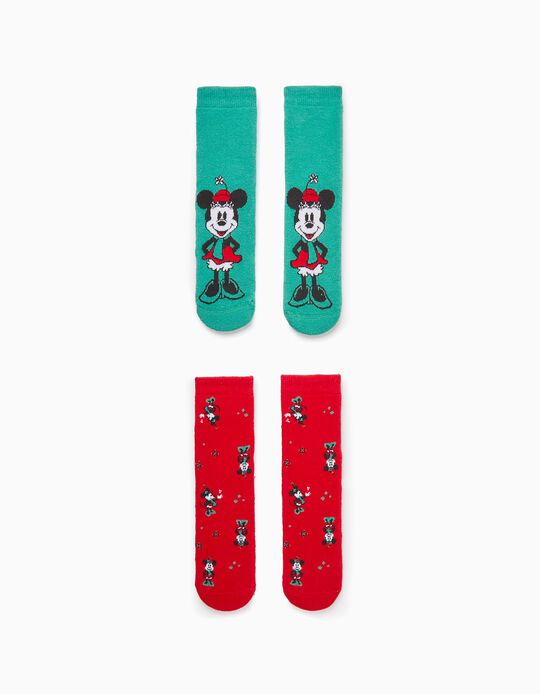 2-Pack Non-slip Socks for Girls 'Minnie', Green/Red