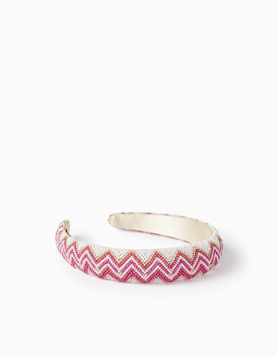 Headband with Beads for Girls, White/Beige/Pink