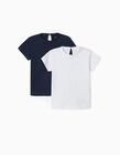 2 T-Shirts Bébé Fille, Blanc/Bleu Foncé