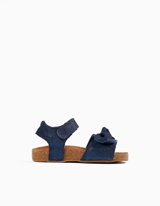 Leather Sandals with Glitter and Bows for Baby Girls, Dark Blue