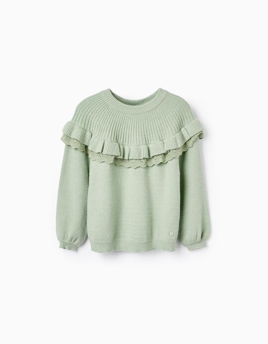 Comprar Online Camisola de Malha com Folhos e Bordado Inglês para Menina, Verde