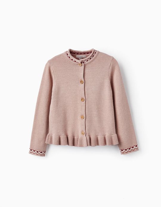 Knitted Cardigan with Jacquard for Girls, Light Pink