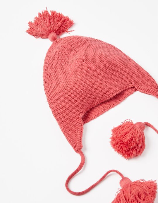 Knit Beanie with Tassels for Baby Girls, Coral