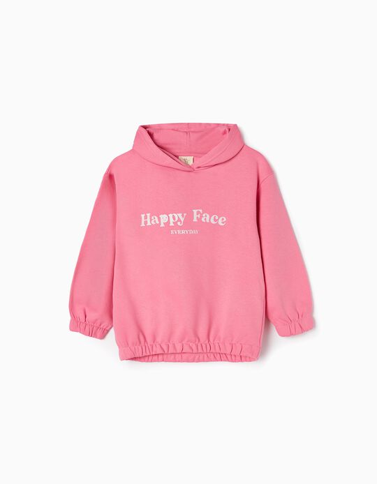 Brushed Cotton Sweatshirt with Hood for Girls 'Happy Face', Pink