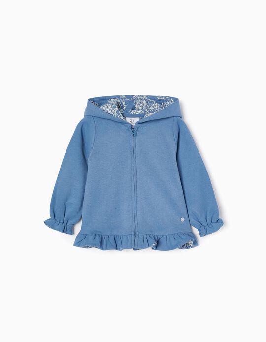 Cotton Hooded Jacket with Ruffles for Baby Girls, Blue