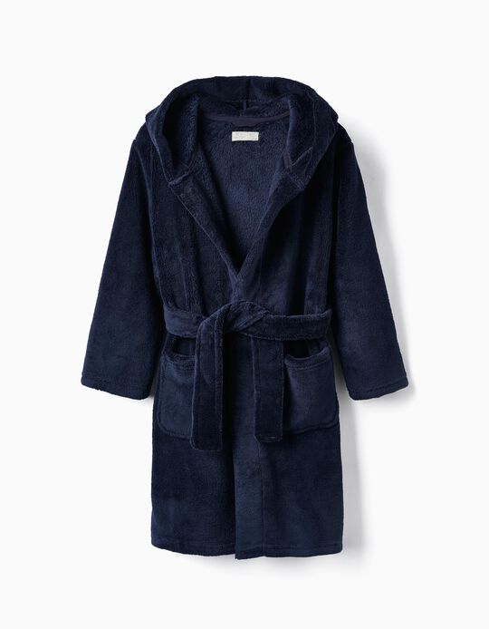 Coral Fleece Hooded Dressing Gown for Boys, Dark Blue