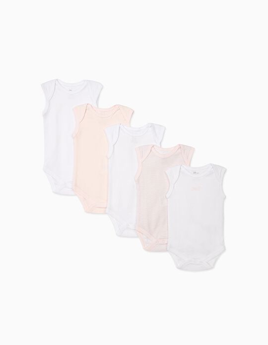 5-Pack Sleeveless Bodysuits for Baby Girls 'Sweet', White and Pink