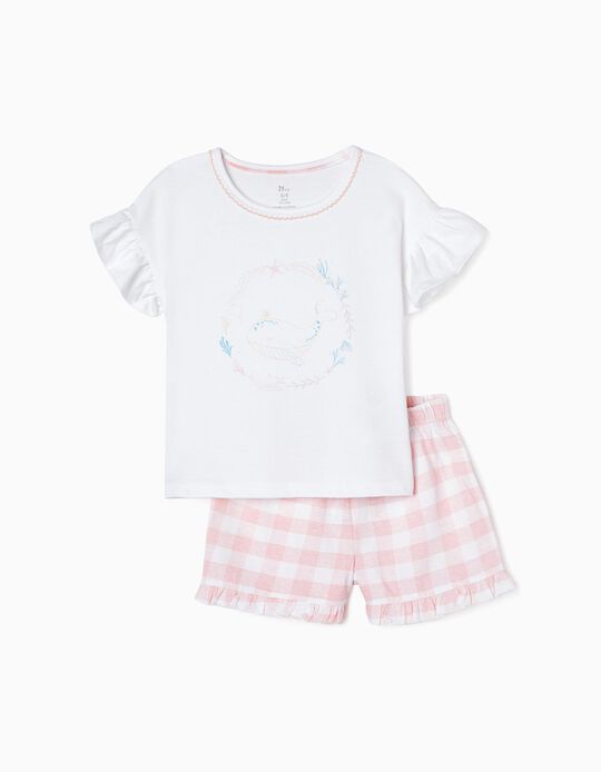 Pijama em Algodão para Menina 'Baleia', Branco/Rosa
