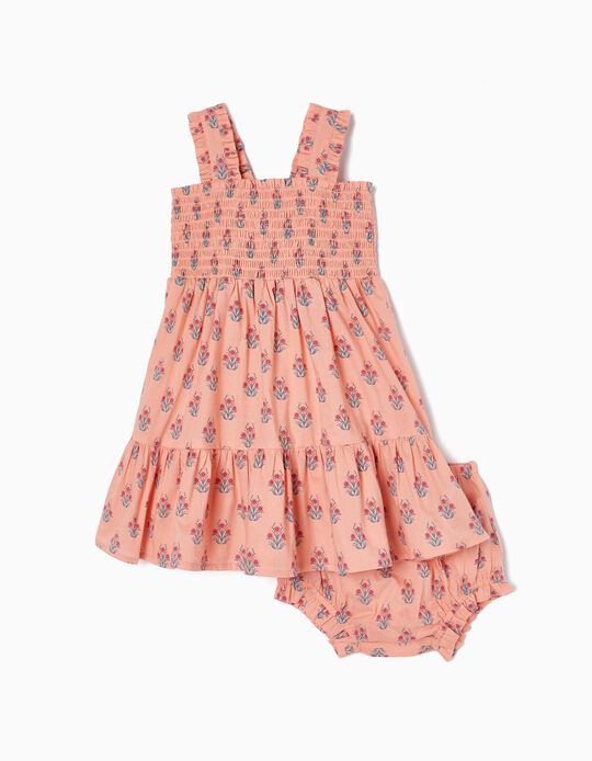 Vestido de Alças + Tapa-Fraldas com Padrão Foral para Bebé Menina, Rosa