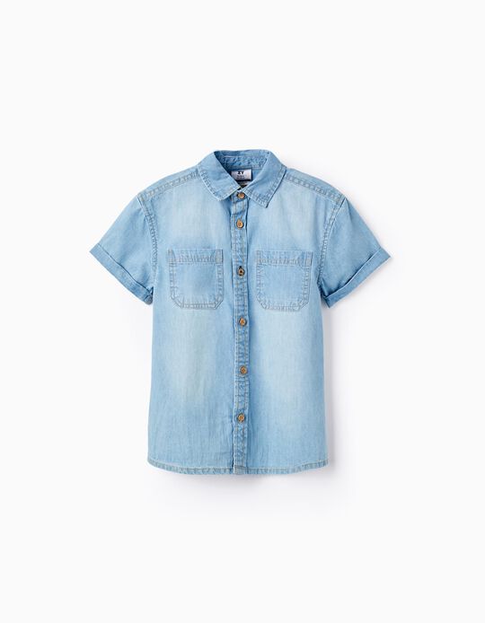 Short Sleeve Shirt in Cotton Denim for Boys, Blue