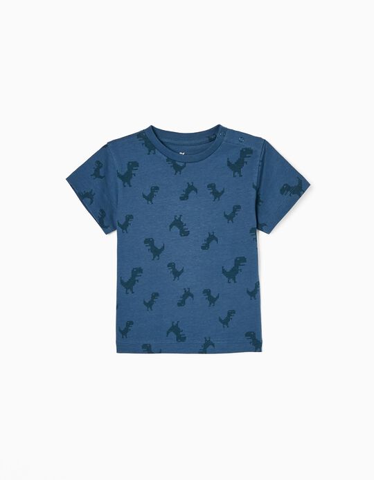 Camiseta de Manga Corta 100% Algodón para Bebé Niño 'Dino', Azul