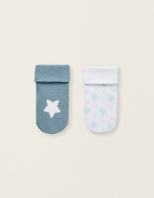 Pack of 2 Pairs of Thick Baby Socks 'Stars', Blue/White
