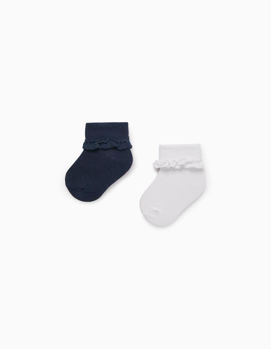 2-Pack Cotton Socks with Lace for Baby Girls, Dark Blue/White