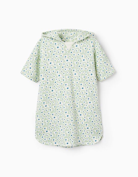 Cotton Dress with Hood and Floral Pattern for Girls, Green