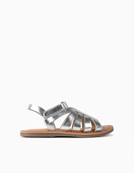 Leather Sandals for Girls, Silver