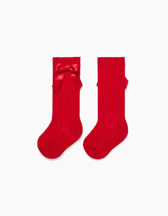 High Ribbed Socks with Bow for Baby Girls, Red