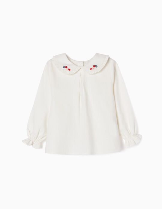 Long Sleeve Cotton Blouse with Embroidery for Baby Girls, White