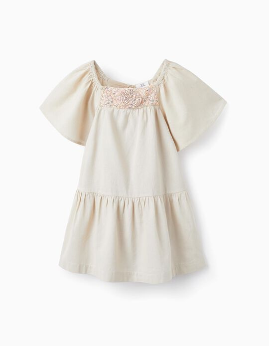 Linen and Cotton Dress for Girls 'B&S', Beige