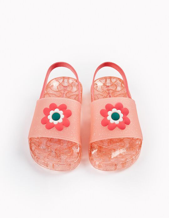 Sandálias em Borracha com Purpurinas para Menina 'Flor', Rosa