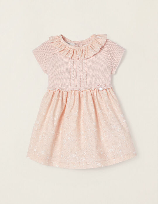 Dual Fabric Cotton Dress for Newborn Baby Girls, Pink