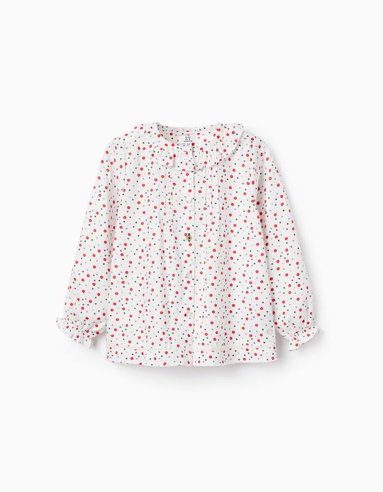 Cotton Twill Blouse with Floral Pattern for Girls, White
