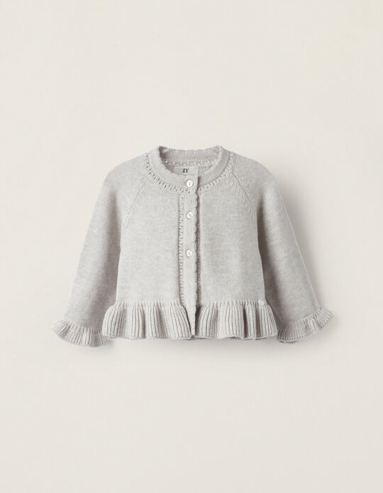 Ribbed Knit Cardigan with Ruffles for Newborn Girls, Gray