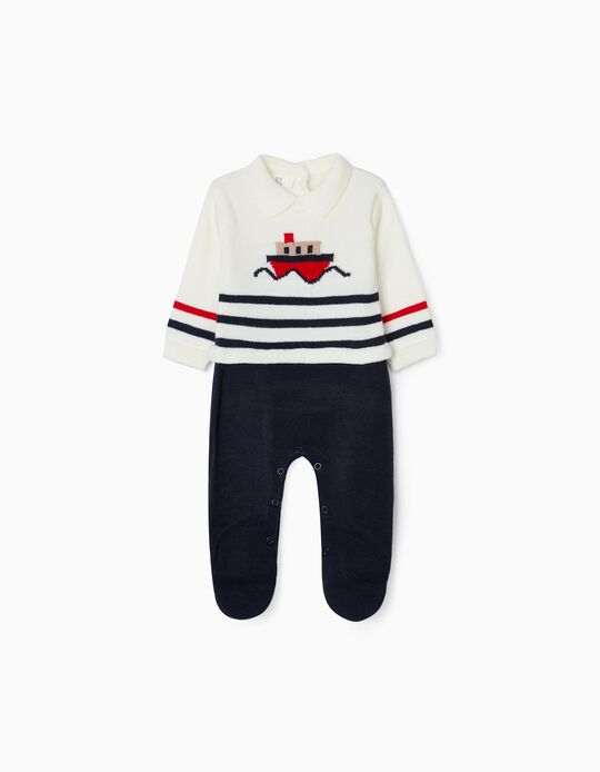 Knit Jumpsuit for Newborn Baby Boys 'Navy', White/Dark Blue