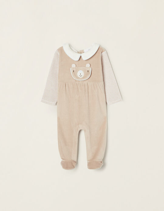 Velour Cotton Sleepsuit for Newborn Babies, Beige 