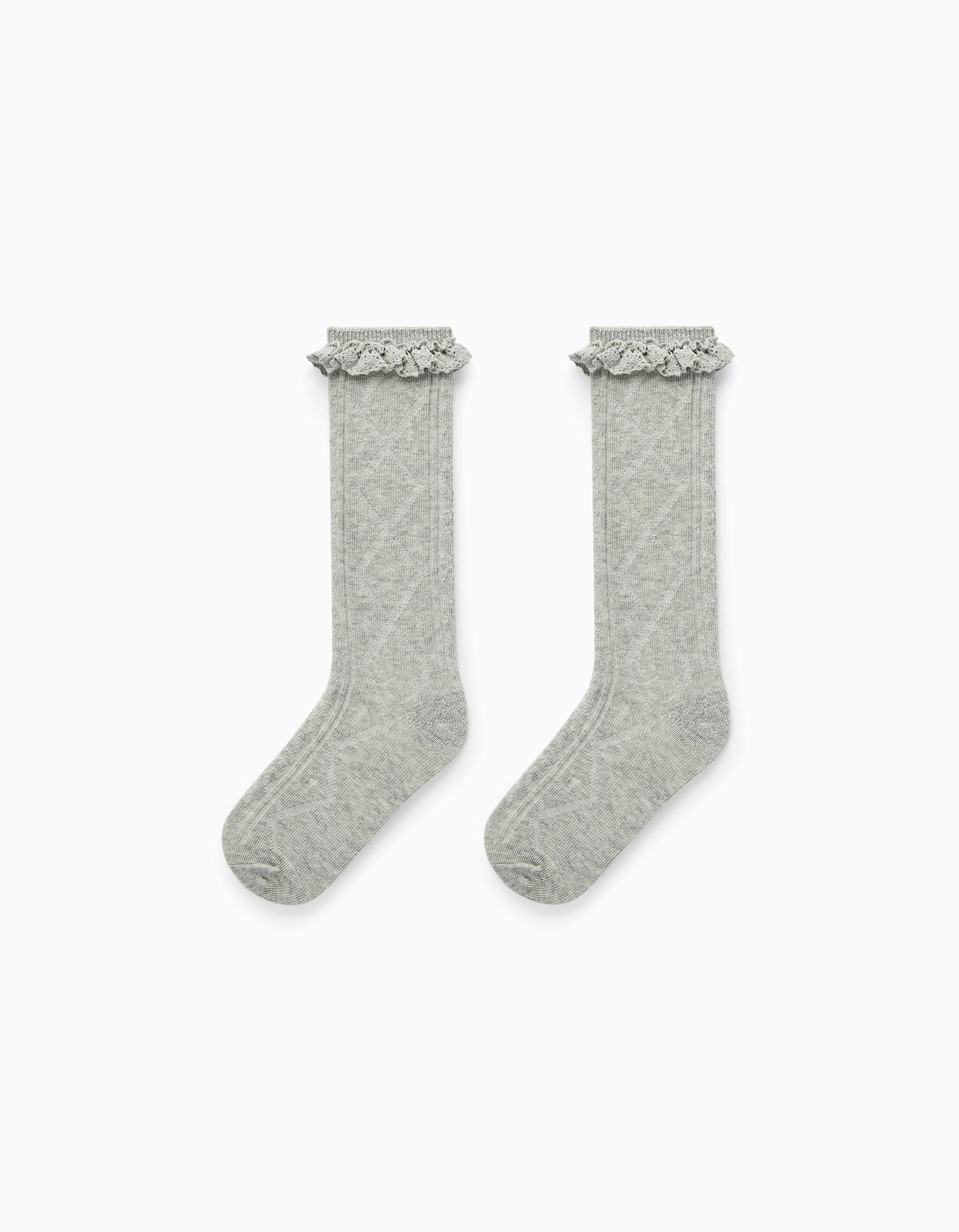 Calcetines Altos de Algodón con Encaje para Niña, Gris