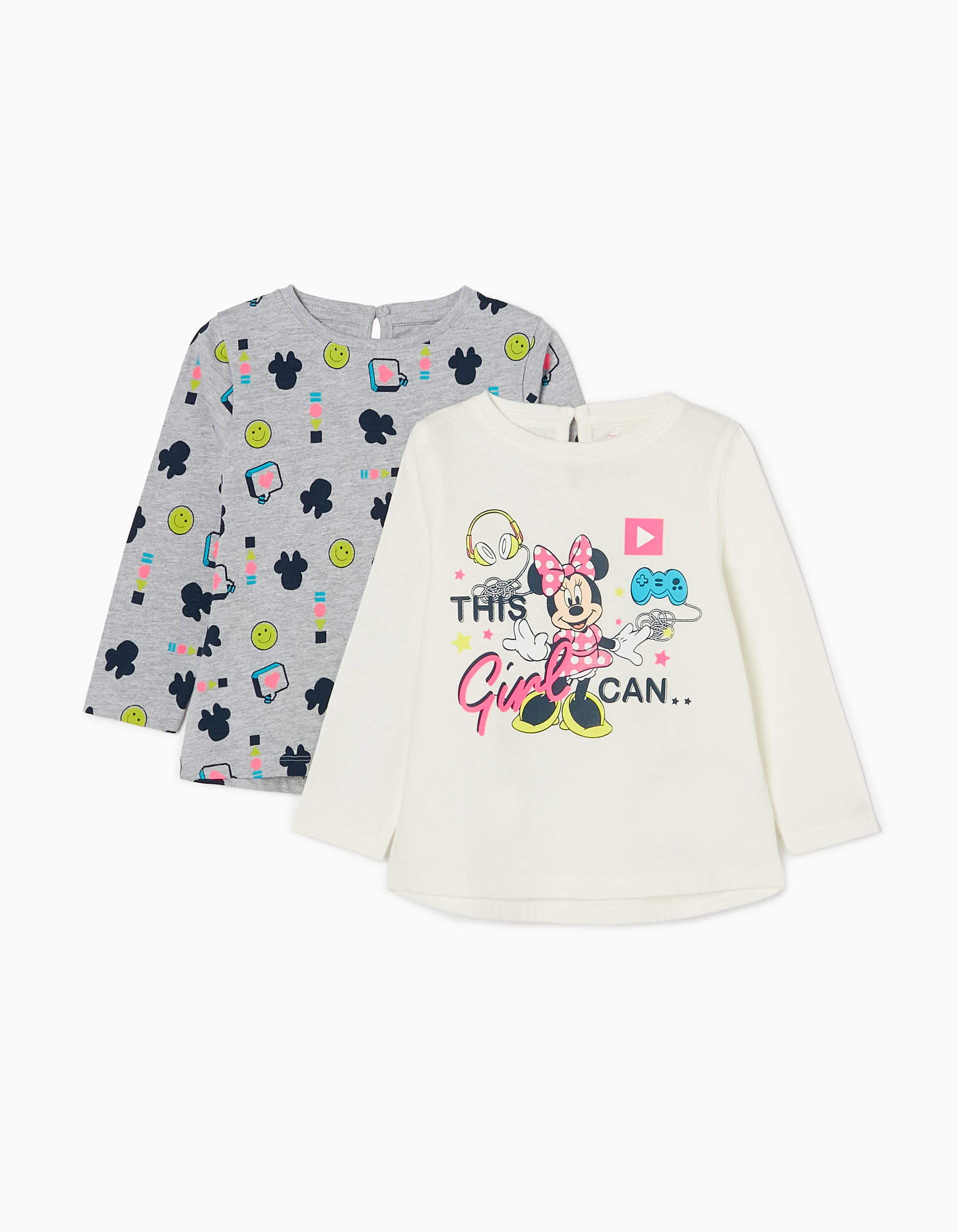2 Camisetas de Larga y Algodón para Bebé Niña 'Minnie', Blanca/Gris | Zippy Online España